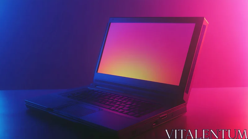 Open laptop with gradient display under colored lighting.