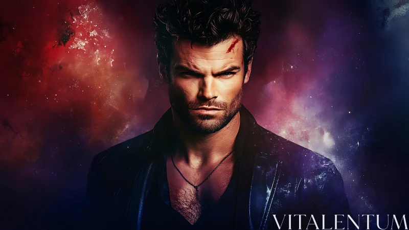 Brooding space hero framed by cosmic nebula light.