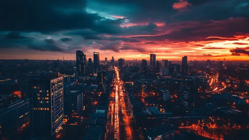 Urban skyline with traffic corridor under vivid sunset sky.
