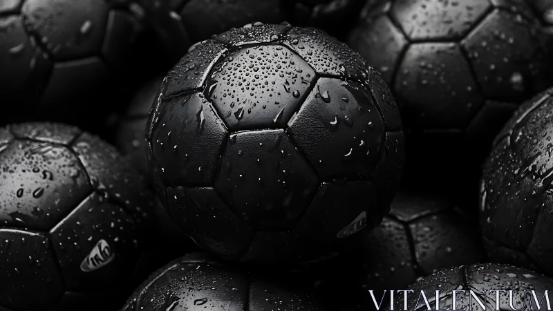 Close-up view of wet black footballs with water droplets.