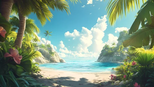 Tropical coastal scene with palm trees, beach and turquoise water