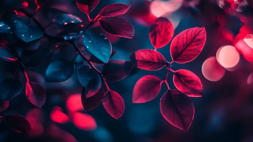 Neon red foliage glows against deep cyan twilight bokeh.