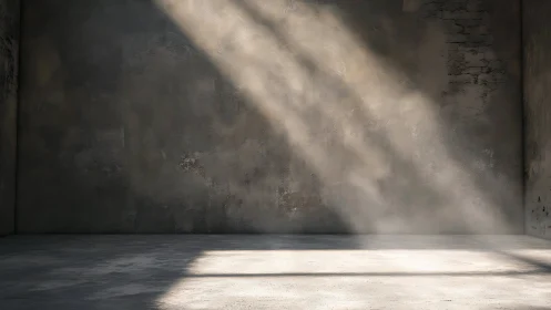 Empty concrete room with dusty light beams on wall.