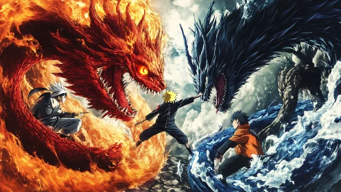 Blazing dragon duel meets stormborn serpent in anime clash.