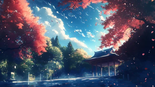 Digital landscape shows shrine under red foliage and sky