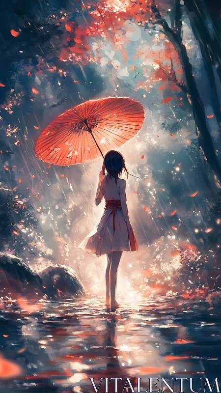 Girl with red umbrella in luminous autumn rainforest dreamscape.
