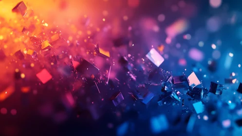 Abstract digital art of floating glass shards in vivid colors.