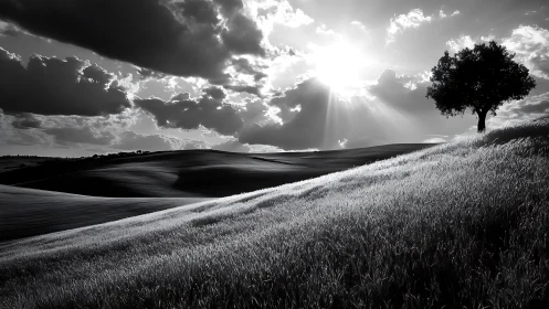 Sunlit hills welcome a quiet lone tree into gentle focus