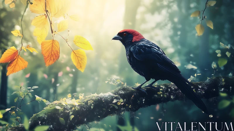 Black bird with red head on forest branch, autumn morning light.