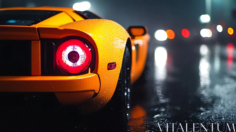 Yellow supercar tail glows over wet neon city street.