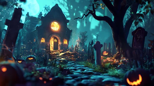 Nocturnal graveyard chapel under volumetric moonlit haze.