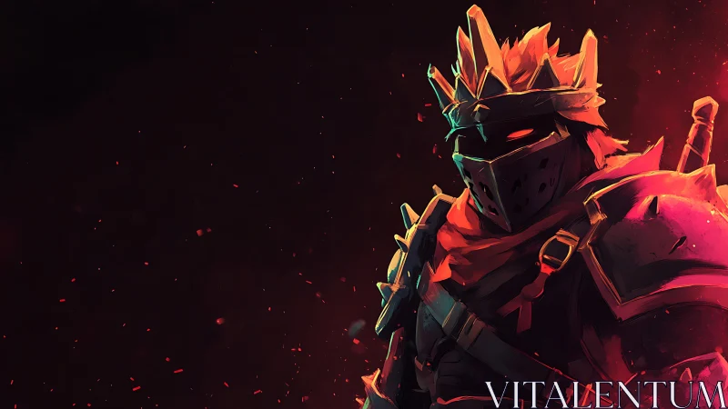 Armored firelit warrior with crown in dramatic darkness.