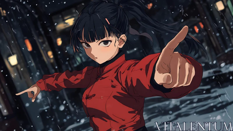 Martial artist girl in red qi-pao strikes dynamic pose in snow
