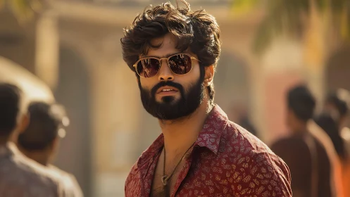 Bearded man in patterned shirt with sunglasses on sunlit street