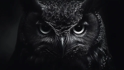 Monochrome owl portrait stares forward with intense focus