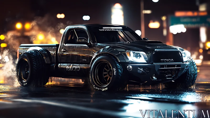 Modified black pickup truck on wet neon city street at night.