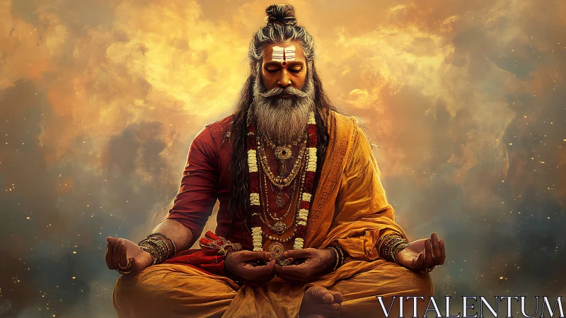 Digital yogi elder in lotus pose amid glowing ochre nebula