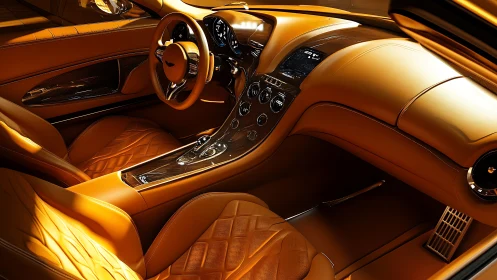 Luxury sports car cockpit glows with golden leather trim.