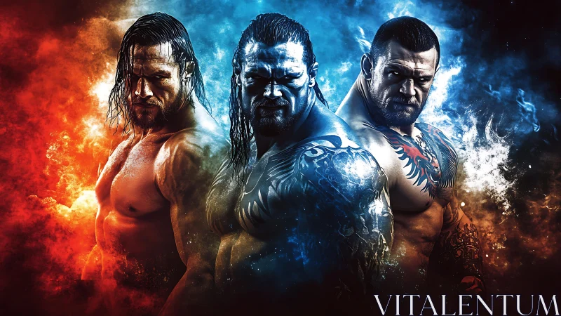 Epic trio of powerful fighters in blazing blue and orange light.