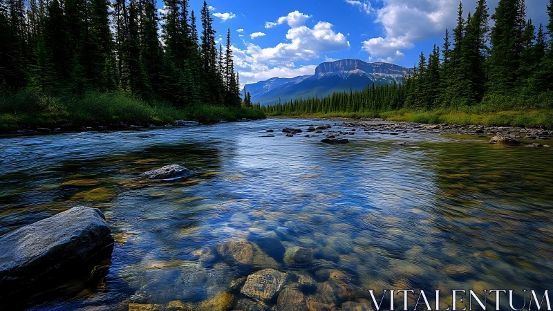 Gentle mountain river flows through evergreen forest valleys