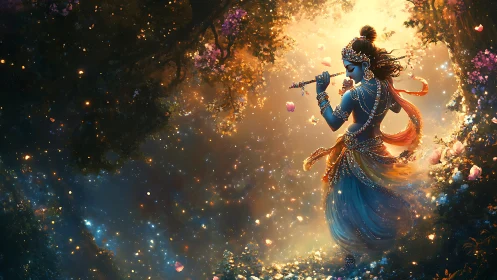 Celestial flute dancer in a starlit blossom forest dreamscape.