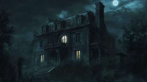 Moonlit gothic mansion under stormy night sky panorama.