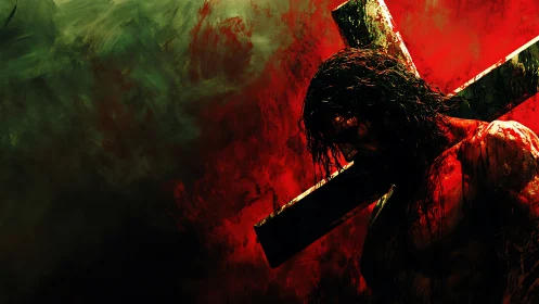 Crimson burdened figure beneath a shadow-scarred cross.