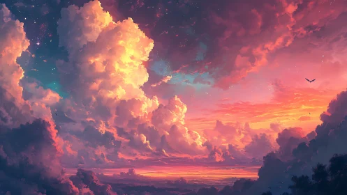 Radiant celestial storm clouds over vivid sunset horizon.