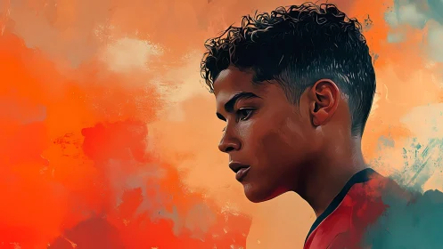 Pensive youth profile against vivid orange painted sky.