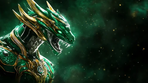 Emerald cyber dragon knight roars within cosmic void.