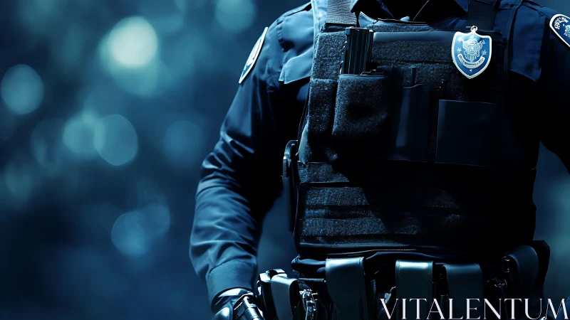 Armored night patrol officer framed in electric blue bokeh.