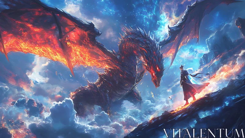 Blazing sky dragon meets lone mage on a stormlit mountain ridge