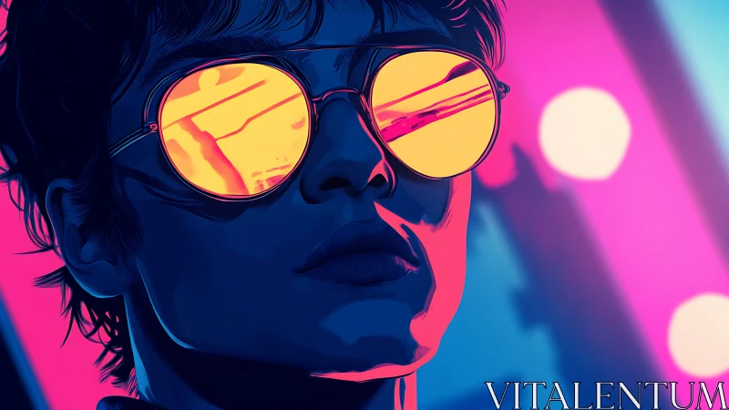 Neon drenched gaze in molten gold sunglasses at midnight.