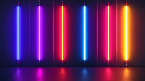 Vertical neon light tubes form chromatic gradient on dark wall