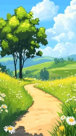 Sunlit country path winds through bright wildflower meadow.