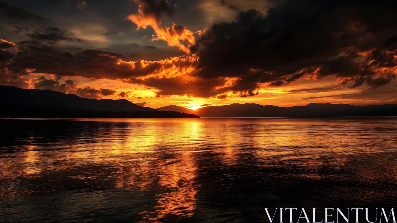 Firelit horizon where storm clouds kiss molten water.