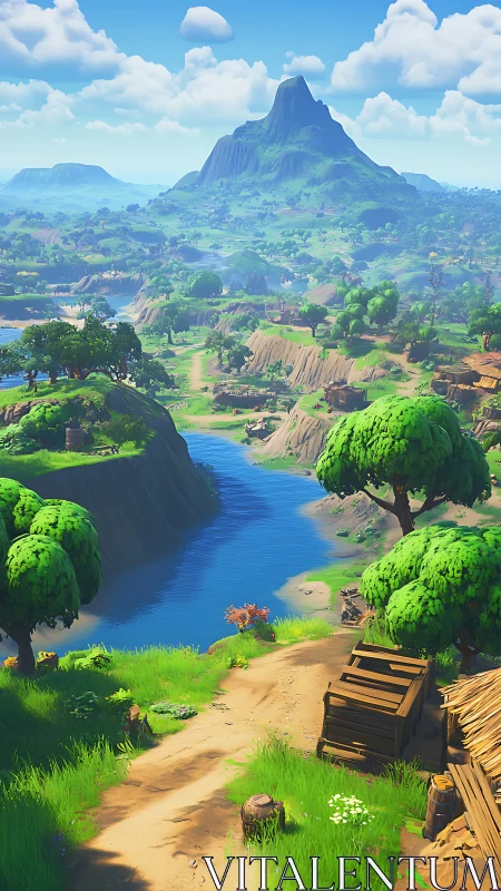 Sunlit game valley leads toward a distant emerald mountain