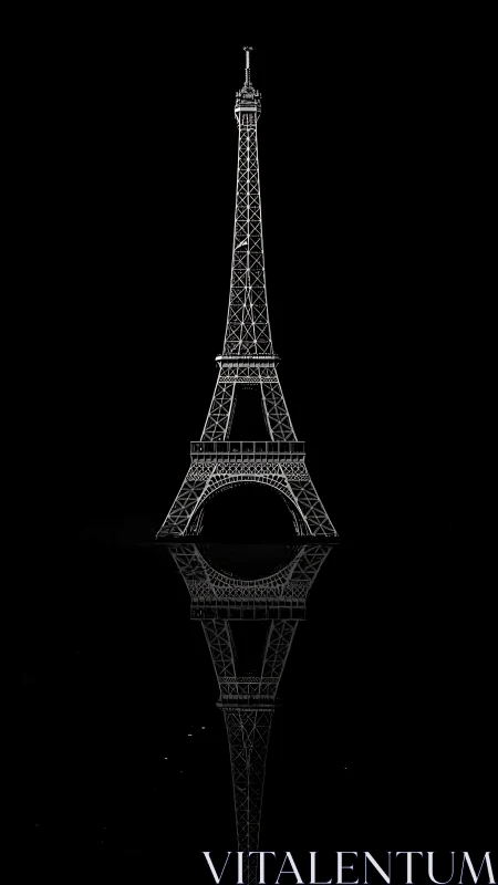 Eiffel Tower silhouette with mirrored nocturnal reflection.