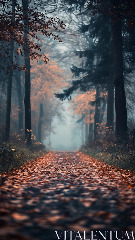 Misty Forest Path with Autumn Leaves.