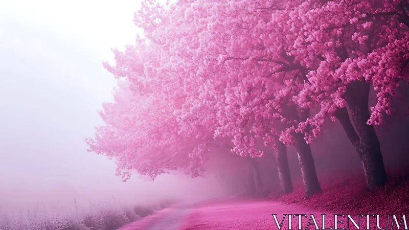 Dreamy pink blossom path disappearing into soft morning mist.