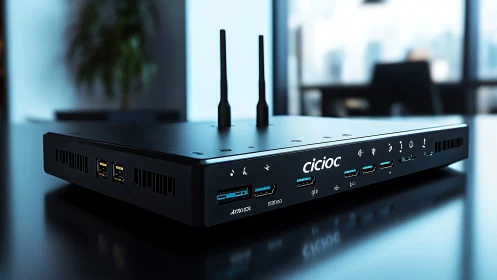 Sleek office network router with dual antennas on desk.
