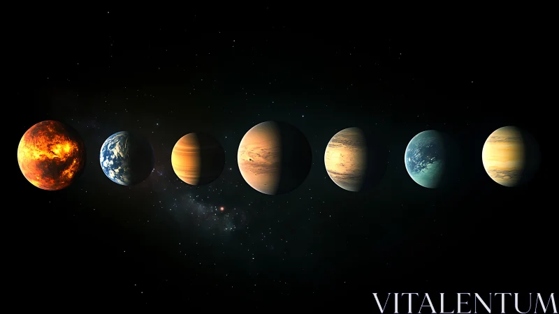 Exoplanet lineup with diverse atmospheres in deep space.