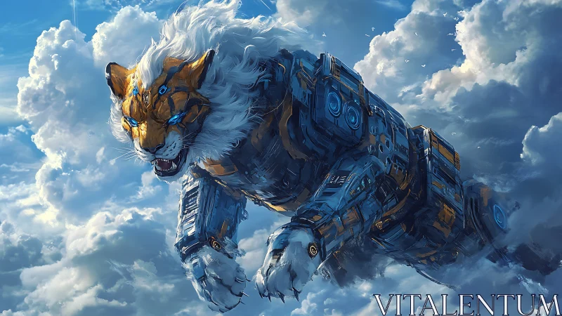 Cybernetic sky lion leaps through dense sunlit clouds