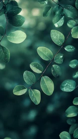 Gentle raindrops resting on soft green spring leaves.