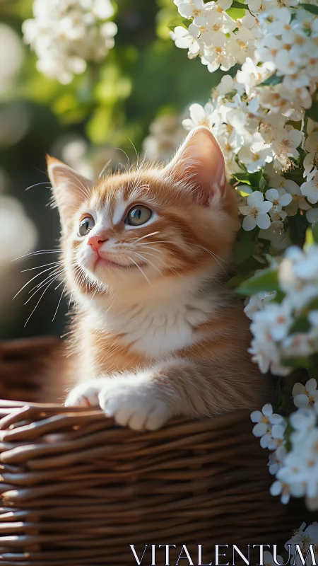 Orange Kitten Gazes Among White Spring Blossoms.