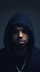 Portrait of hooded man in low key frontal lighting setup.