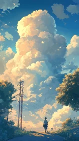 Summer youth under towering cumulus sky in digital art.