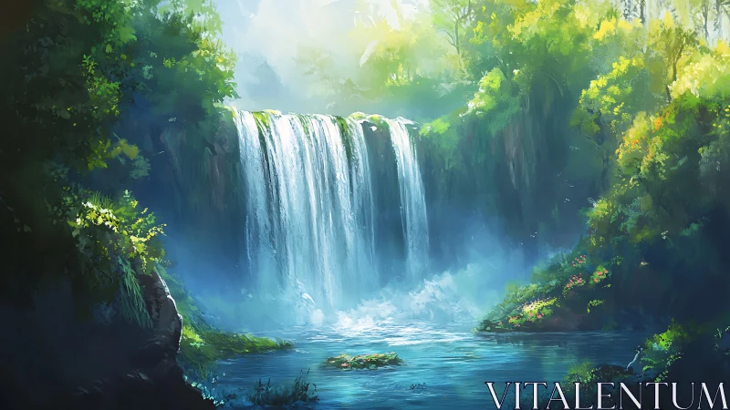 Digital painting depicts a central waterfall in dense forest