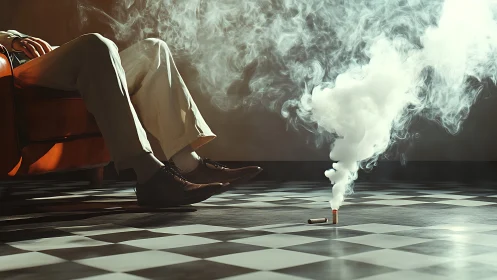 Elegant smoker in haze over checkerboard floor scene.