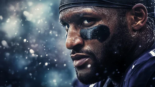 Focused football player under snow in close portrait shot.